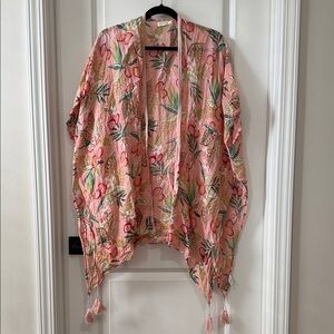 Spartina 449 Pink Floral Gauze Kimono with Tassels